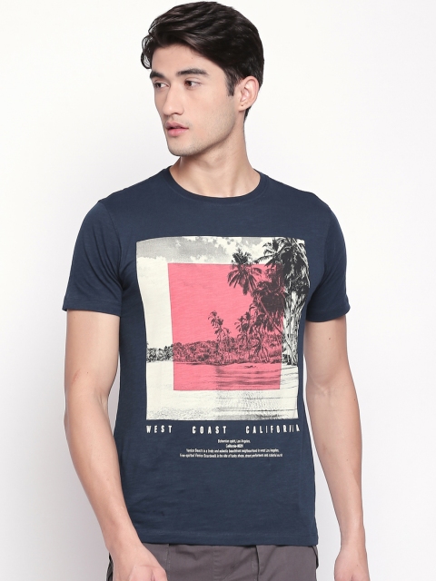 Urban Ranger by pantaloons Men Navy Blue Printed Round Neck Pure Cotton T-shirt