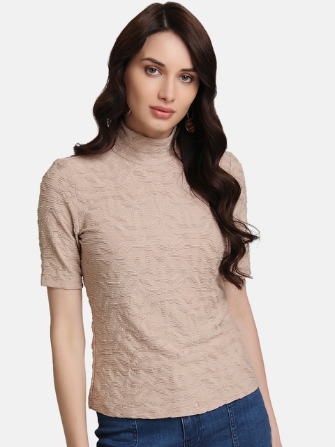Kazo Women Beige Self Design Fitted Top