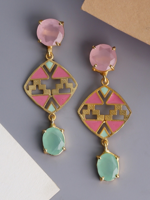Shoshaa Pink & Green Gold Plated Enamelled Contemporary Drop Earrings