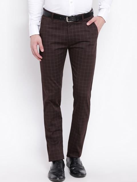 Hancock Men Brown Slim Fit Checked Formal Trousers