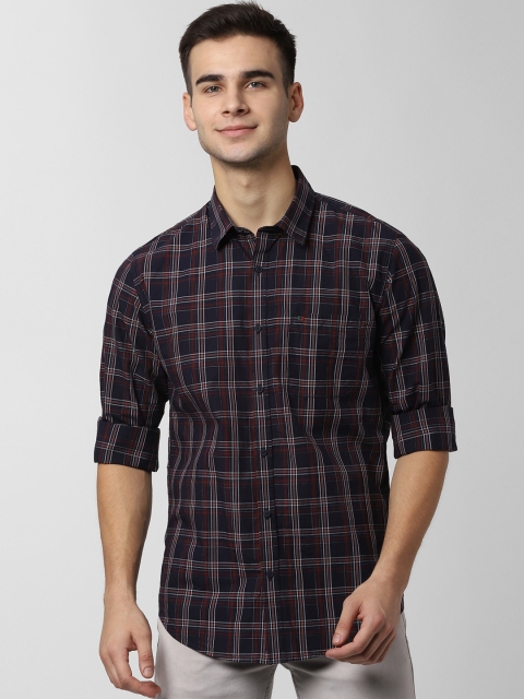 Peter England Casuals Men Navy Blue & Maroon Slim Fit Checked Casual Shirt