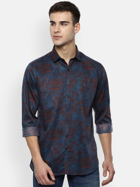 V Dot Men Navy Blue & Brown Slim Fit Printed Casual Shirt