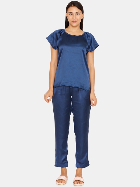 Zivame Women Navy Blue Solid Night suit