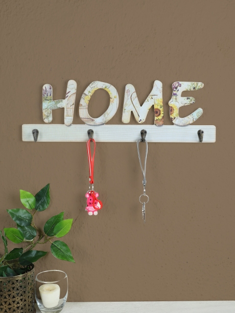 TIED RIBBONS White & Yellow Printed Wooden Key Holder Keychain Hanger