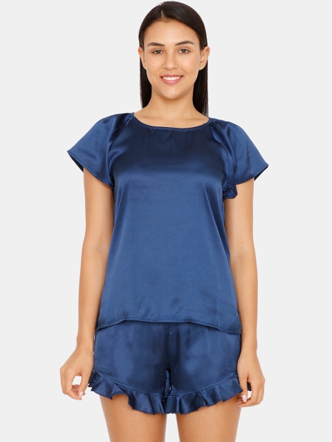 Zivame Women Blue Solid Night suit