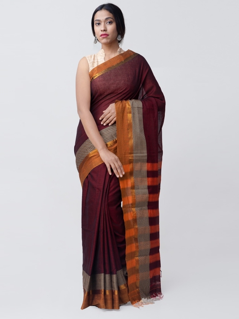 Unnati Silks Maroon Pure Cotton Solid Narayan Peth Saree