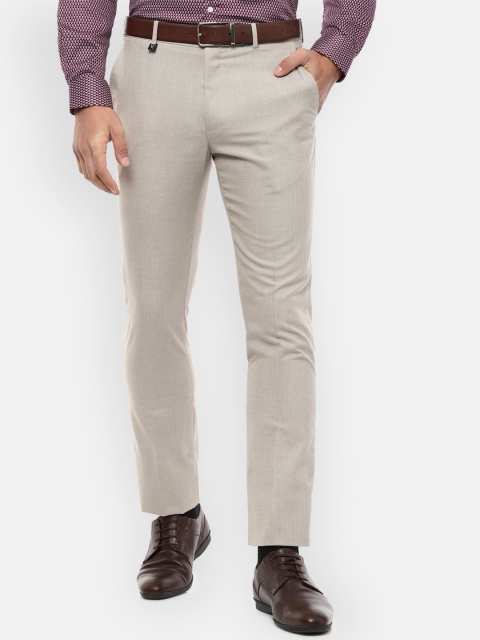 V Dot Men Beige Skinny Fit Self Design Regular Trousers