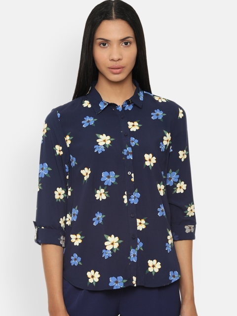 Van Heusen Woman Navy Blue & Yellow Regular Fit Printed Casual Shirt