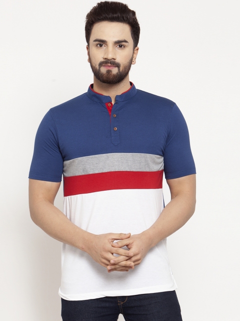 Kalt Men Blue Colourblocked Mandarin Collar T-shirt