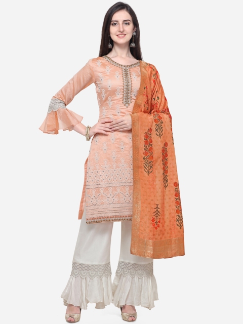 Stylee LIFESTYLE Peach-Coloured & White Silk Blend Semi-Stitched Dress Material