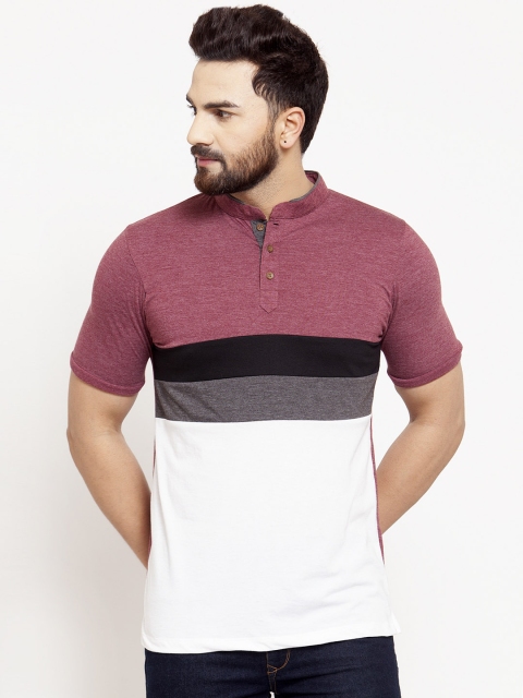 Kalt Men Maroon Colourblocked Mandarin Collar T-shirt