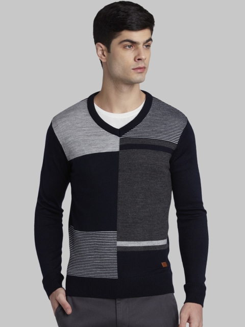Parx Men Navy Blue & Grey Colourblocked Sweater Vest Sweater
