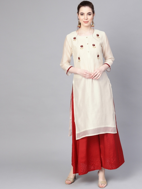 Varanga Women White Embroidered Straight Kurta