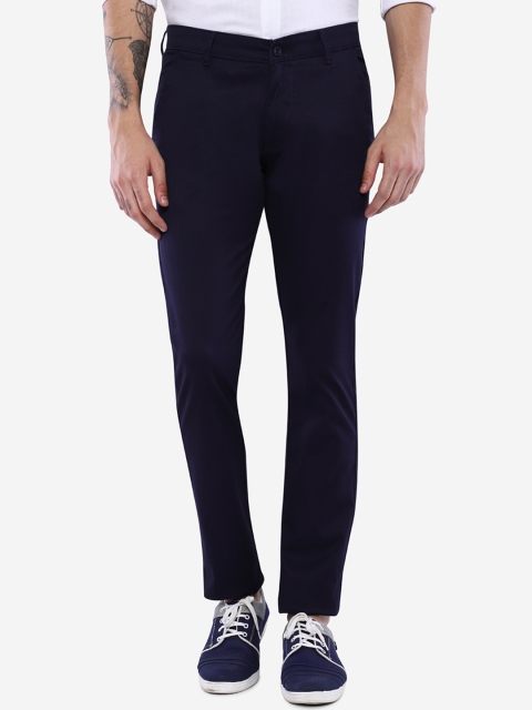 Duke Men Navy Blue Solid Slim Fit Solid Regular Trousers