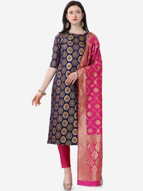 Kvsfab Blue & Pink Silk Blend Unstitched Dress Material, Navy blue