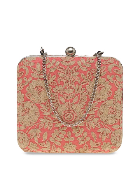 Tarusa Pink & Gold-Toned Embroidered Box Clutch