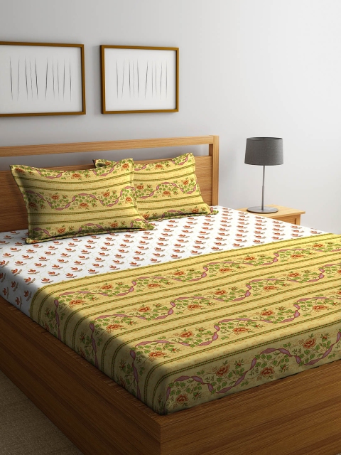 STELLAR HOME Yellow & White Printed 104 TC Cotton King Bedsheet with 2 Pillow Covers, Mustard