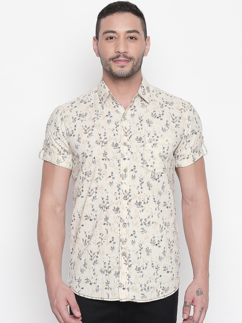 Mufti Men Cream-Coloured & Blue Slim Fit Printed Casual Shirt