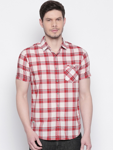 Mufti Men Red & Cream-Coloured Slim Fit Checked Casual Shirt