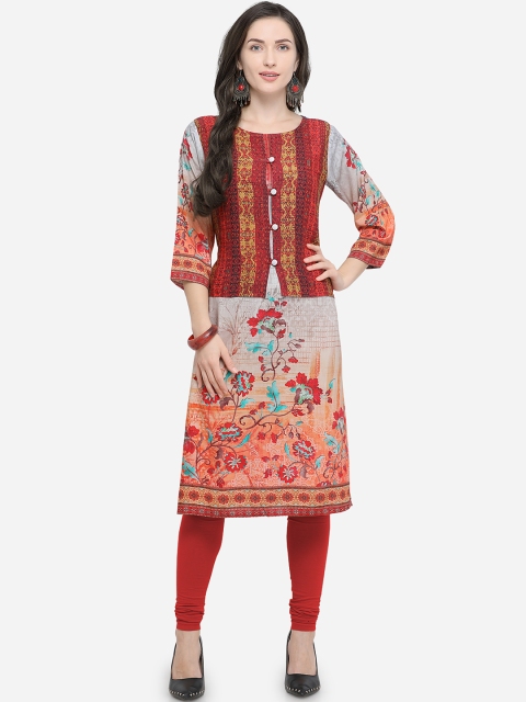 Stylee LIFESTYLE Women Maroon & Orange Floral Printed Straight Kurta