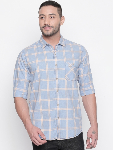 Mufti Men Blue & Beige Slim Fit Checked Casual Shirt