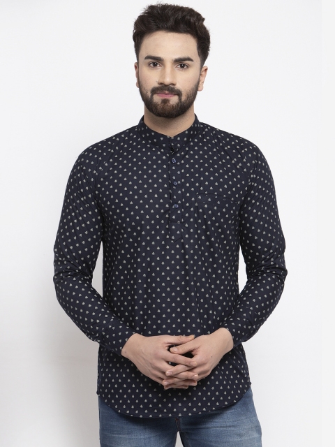 KLOTTHE Men Navy Blue & White Printed Straight Kurta