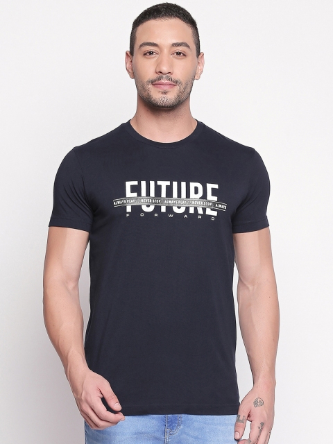 Mufti Men Navy Blue White Printed Round Neck Slim-Fit Pure Cotton T-shirt