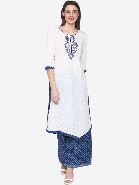 Laabha Women White & Blue Printed Kurta with Palazzos