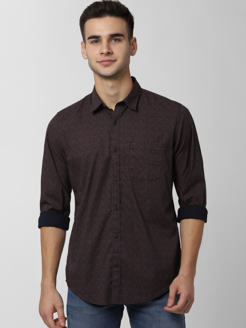 Peter England Casuals Men Navy Blue & Brown Slim Fit Printed Casual Shirt