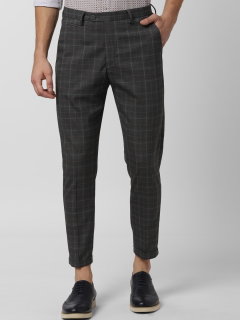 Peter England Men Grey Tapered Fit Checked Formal Trousers