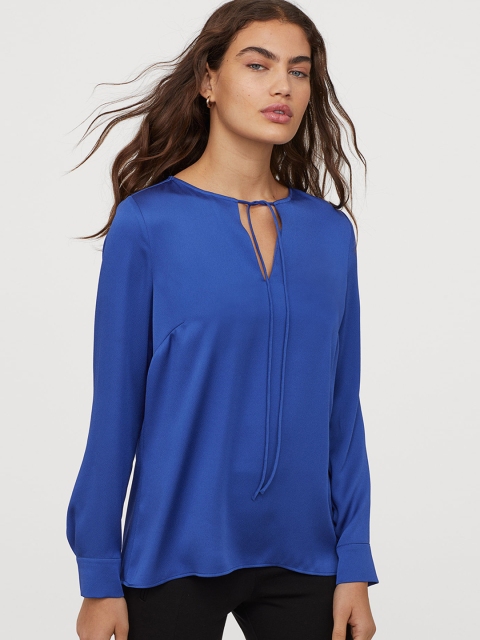 H&M Women Blue Solid Blouse with Ties