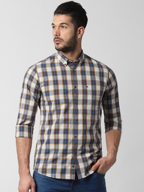 Peter England Casuals Men Blue & Off-White Slim Fit Checked Casual Shirt