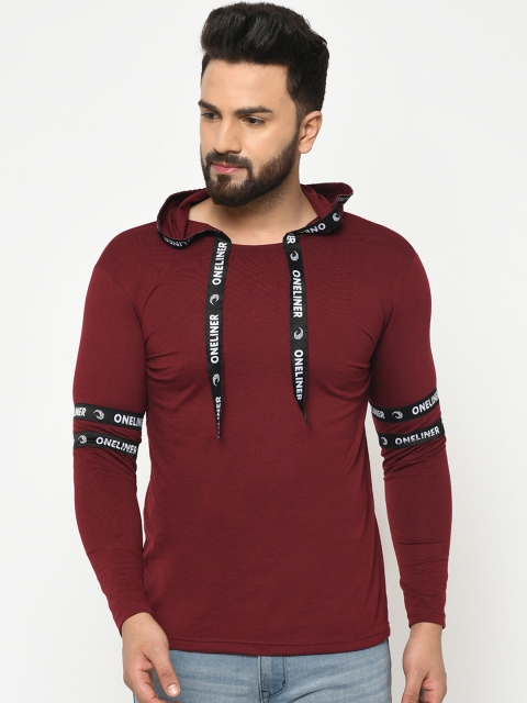 oneliner Men Maroon Solid Hood T-shirt
