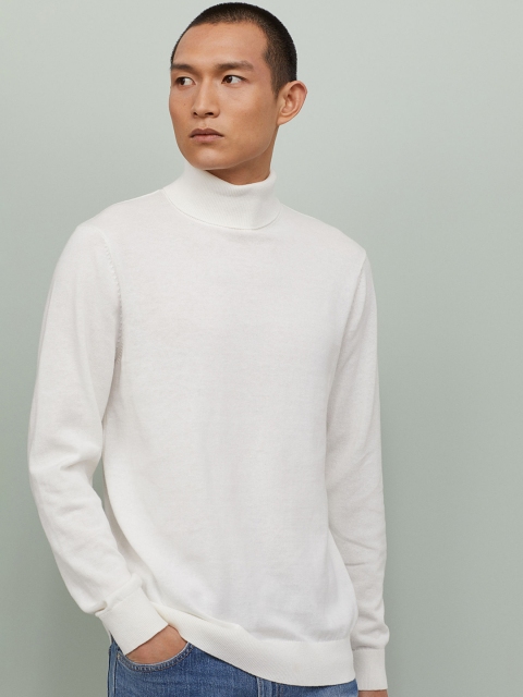 H&M Men White Fine-Knit Polo-Neck Jumper