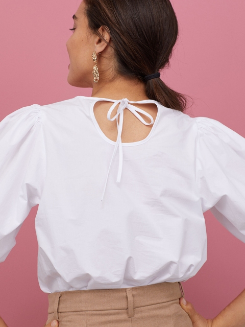 H&M Women White Solid Puff-Sleeved Blouse