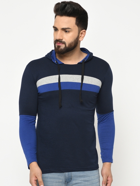 oneliner Men Blue & Blue Striped Hood T-shirt