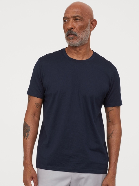HM Men Navy Blue Solid Premium Cotton Pure Cotton T-shirt