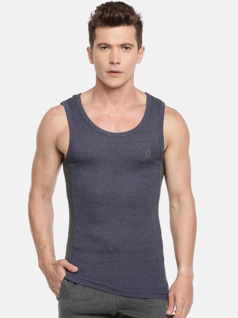 F A S O Men Navy Blue Solid Scoop Neck Innerwear Vest