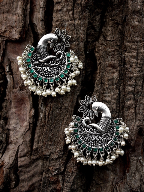 Adwitiya Collection Silver Plated Oxidised Peacock Shaped Drop Earrings