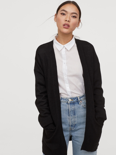 H&M Women Black Solid Knitted Cardigan