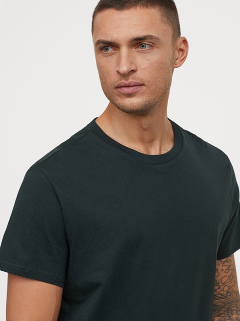 H&M Men Green Cotton T-shirt Regular Fit