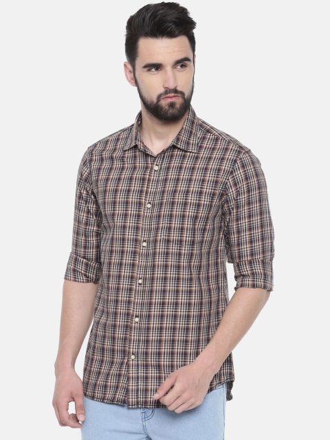 IMYOUNG Men Khaki & Navy Blue Slim Fit Checked Casual Shirt