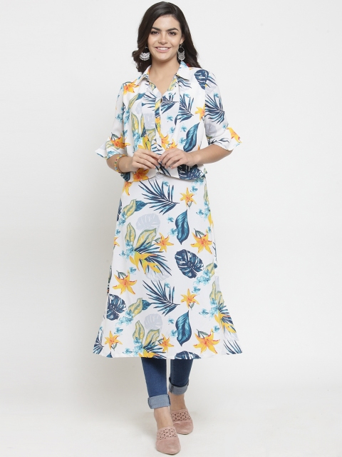 Kiaasa Women White & Yellow Printed A-Line Kurta