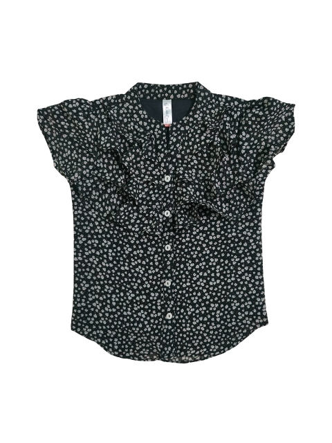 KiddoPanti Girls Black & White Printed Shirt Style Top