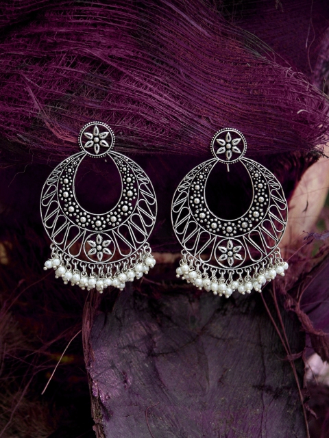 Adwitiya Collection Silver-Plated Oxidised White Crescent Shaped Chandbalis