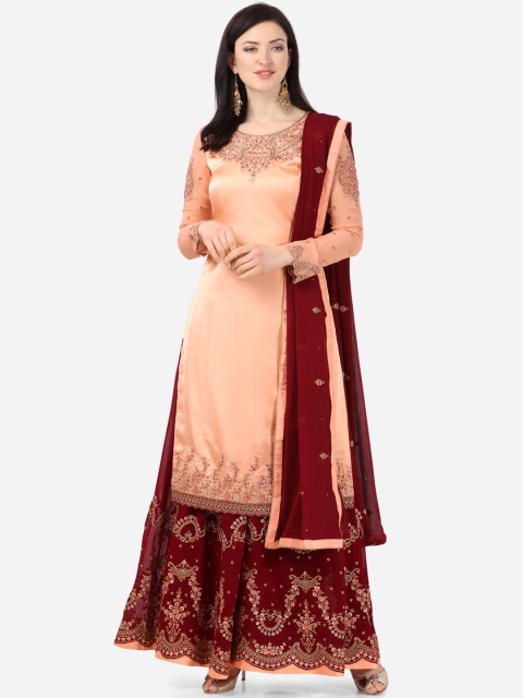 Stylee LIFESTYLE Peach-Coloured & Maroon Satin Finish Semi-Stitched Dress Material