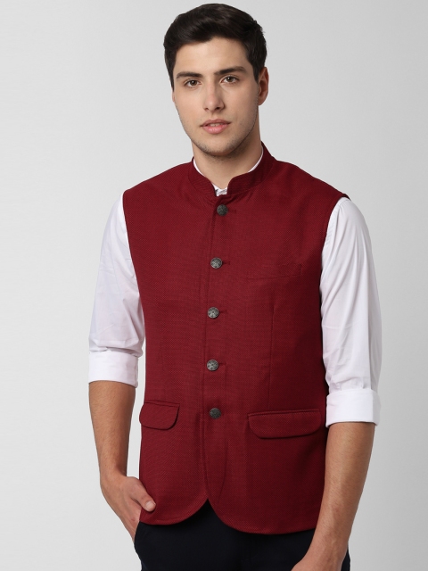 Peter England Men Maroon Woven Design Nehru Jacket