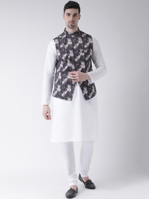 TABARD Men White & Black Solid Kurta Set with Nehru Jacket
