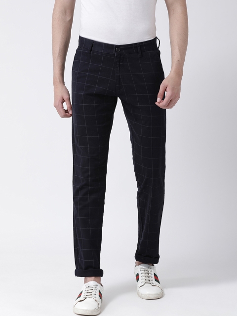 Club York Men Navy Blue Slim Fit Checked Regular Trousers