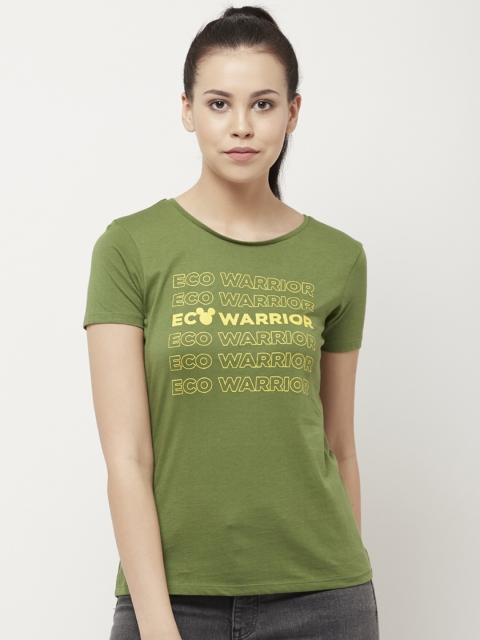 Free Authority Women Green Mickey and Friends Printed Round Neck T-Shirt